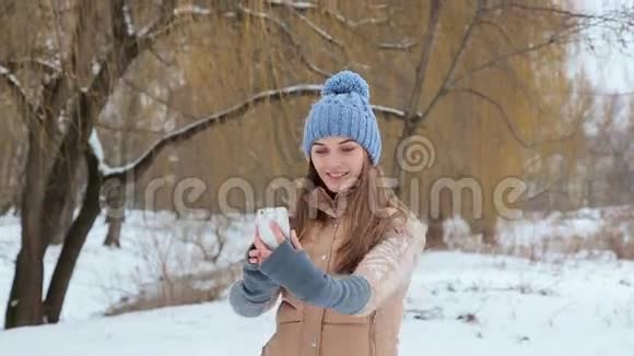 女孩用冬季公园拍照视频的预览图