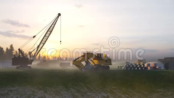 施工现场用吊车和拖拉机日落时工业景观施工背景特写视频的预览图