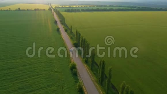 初夏绿野和道路的鸟瞰图视频的预览图