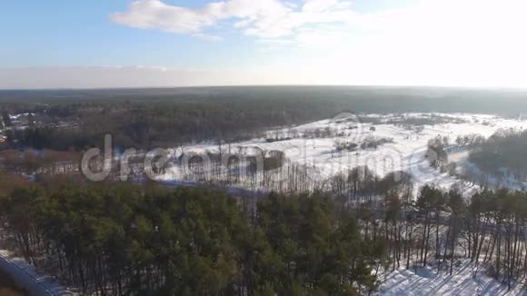 冬季森林田野和冰冻河流的空中景色视频的预览图