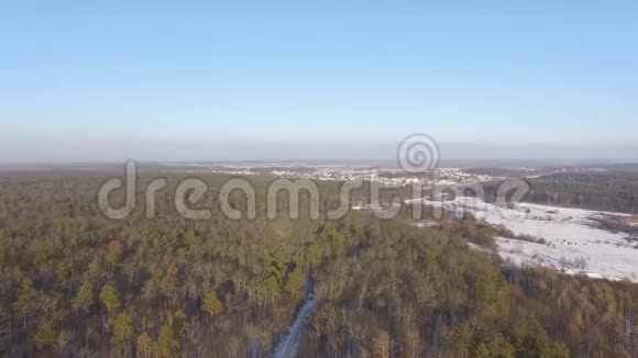 冬季森林田野和冰冻河流的空中景色视频的预览图