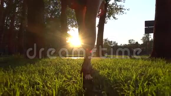 夏季日落公园里穿凉鞋的女孩慢镜头视频的预览图