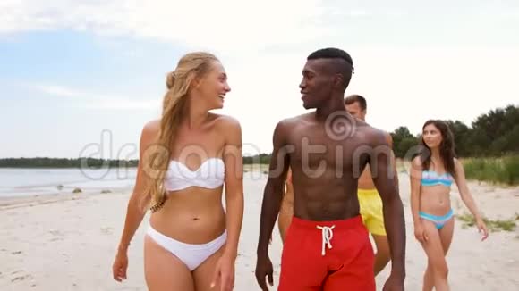 一对混血情侣和朋友一起在海滩上散步视频的预览图