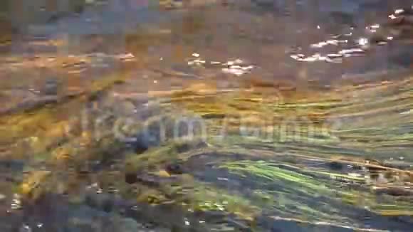 山瀑布小溪河流溪流流动的流水背景阳光下的水溅在石头上水滴在瓦片上视频的预览图