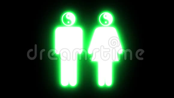 黑色背景上有阴阳头的男人和女人的白色图标在无缝的环中发出跳动的绿色光芒视频的预览图