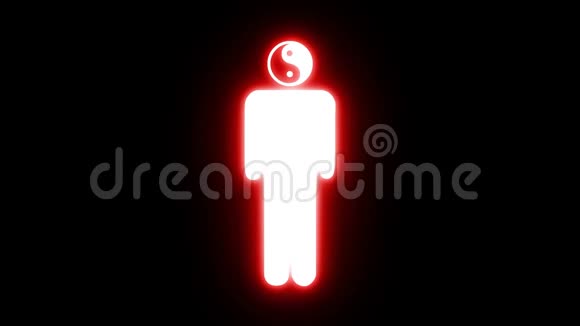 一个有阴阳符号的人的白色图标而不是他的头在黑色背景上在无缝的环中发出脉冲的红色光芒视频的预览图