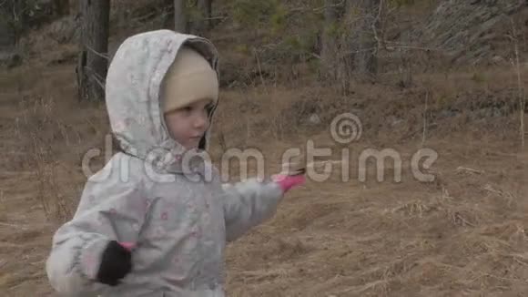 小孩子走在秋天的森林里视频的预览图