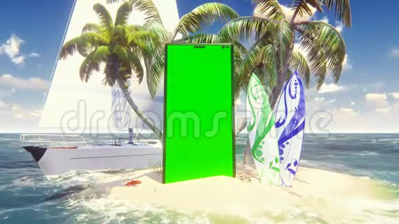 美丽的野生岛屿海滩和棕榈树白沙和蓝天沙滩椅冲浪板和巨大的手机视频的预览图