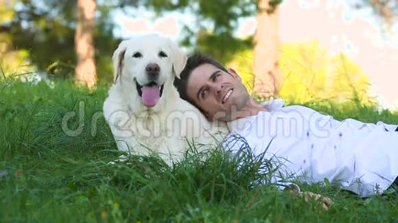 人们在公园里和拉布拉多犬一起享受闲暇时光视频的预览图