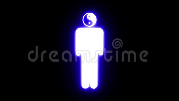 一个有阴阳符号的人的白色图标而不是他的头在黑色背景上在无缝的环中闪烁着蓝色的光芒视频的预览图