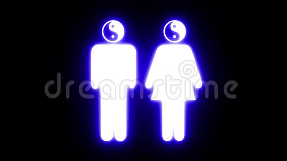黑色背景上有阴阳头的男人和女人的白色图标在无缝的环中发出蓝色的脉冲视频的预览图
