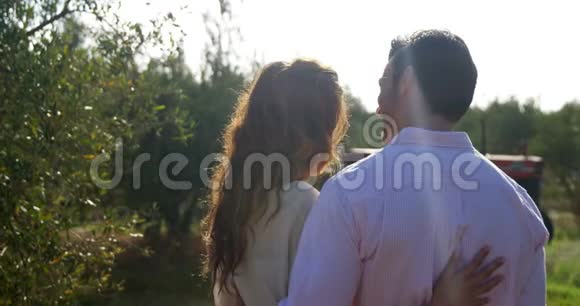 浪漫的情侣在橄榄农场互相拥抱视频的预览图