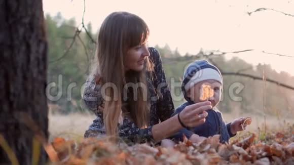妈妈和她的小男孩在秋天的森林里落叶视频的预览图