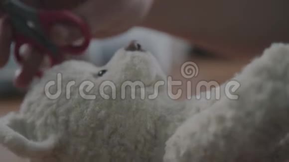 女性的手缝一只老式风格的泰迪熊缝纫头视频的预览图