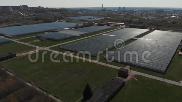 镜头飞过温室空中射击工业生产中的几何农业中的完美主义视频的预览图
