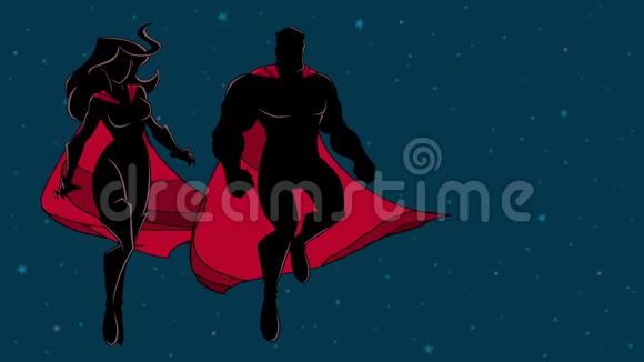 超级英雄夫妇飞在太空剪影视频的预览图