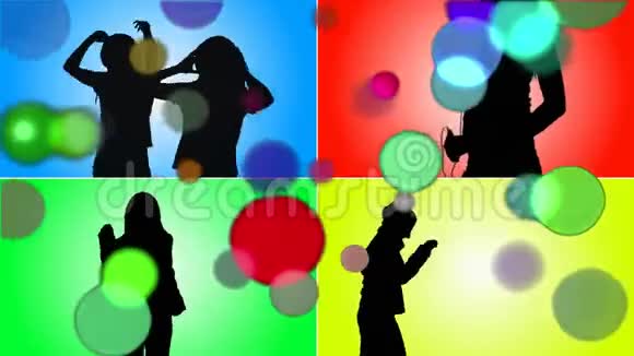 四个屏幕上的彩色灯光与剪影舞者的移动点视频的预览图