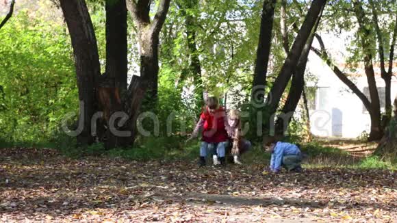 女孩和男孩和妈妈在公园里扔树叶视频的预览图