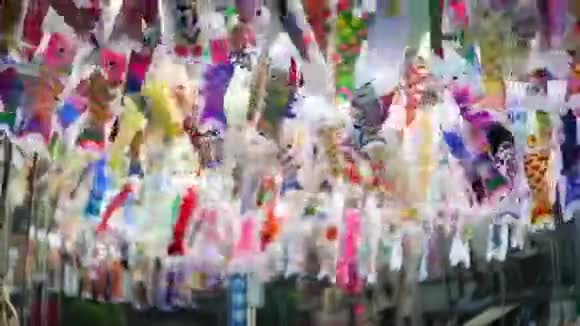 日本川谷的彩色鲤鱼流光或Koinobori视频的预览图