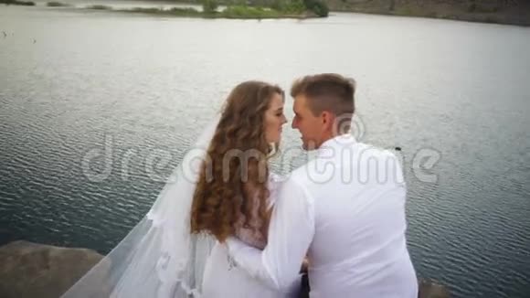优雅时尚的新郎在湖的背景上带着他快乐美丽的黑发新娘视频的预览图