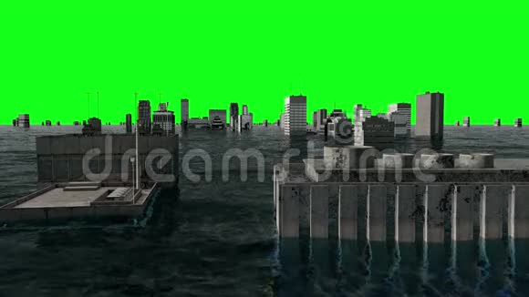 天启水景城市洪水暴风雨绿色屏幕画面视频的预览图