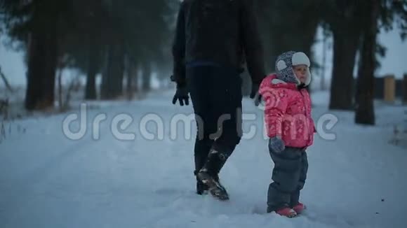 父亲和他的小女儿晚上在冬季公园视频的预览图