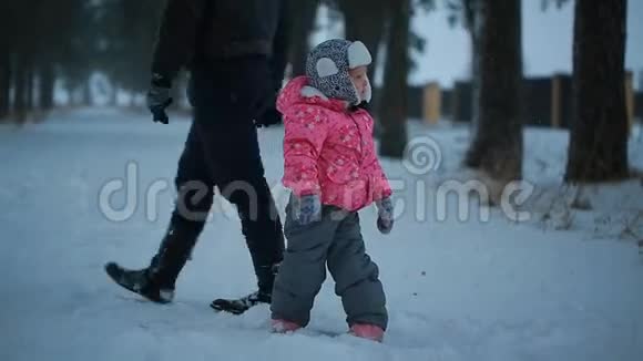 父亲和他的小女儿晚上在冬季公园视频的预览图