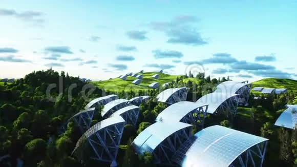 太阳能电池板鸟瞰图奇妙的自然未来逼真的4k动画视频的预览图