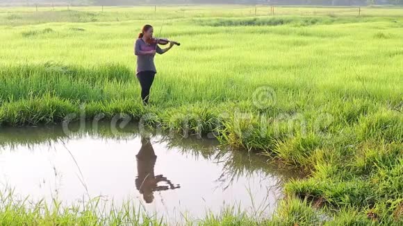 一个在草地上拉小提琴的亚洲女人视频的预览图