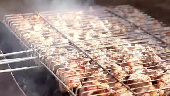 烧烤火上肉大自然烤架上的牛排特写烤串上的烤肉串烧在烟卷上食物视频的预览图