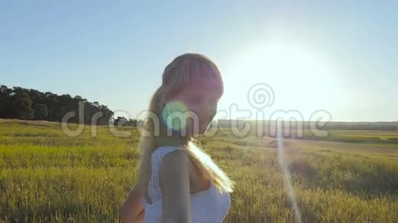 新娘在田野里散步在日落时迎接太阳视频的预览图