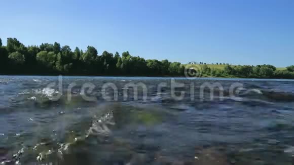 在宽阔的浅水河中快速流动透过水在底部的一块石头上观看阳光照射水视频的预览图
