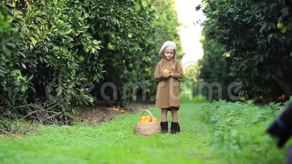 可爱的女孩花园里有一篮子水果视频的预览图