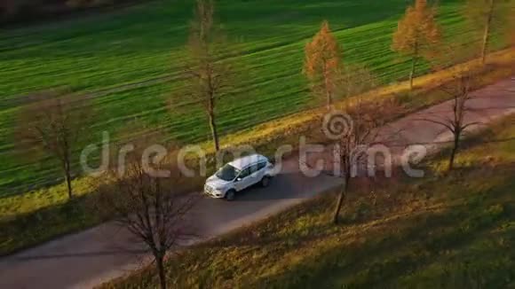 一辆汽车沿着两块田之间的乡村道路行驶的俯视图视频的预览图