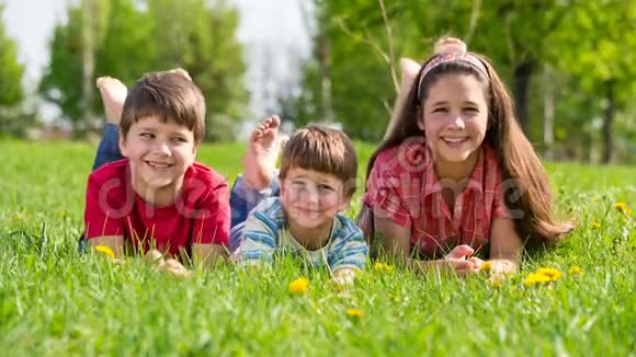 三个微笑的孩子躺在草地上视频的预览图