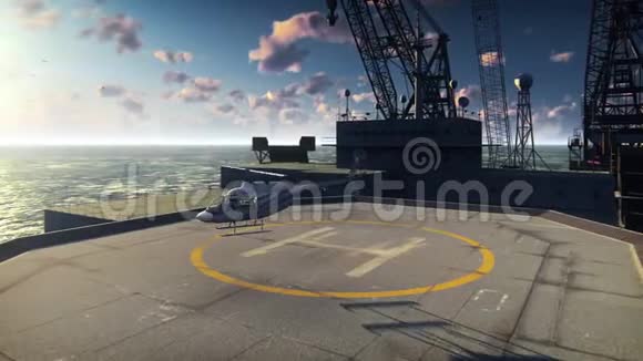 直升机从石油平台海上平台或海上钻井平台起飞真实的电影动画视频的预览图