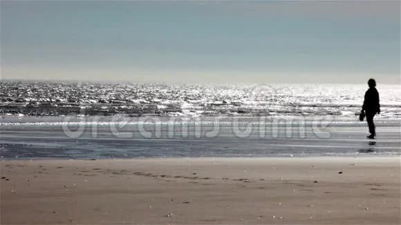 成熟的情侣在海滩上散步视频的预览图