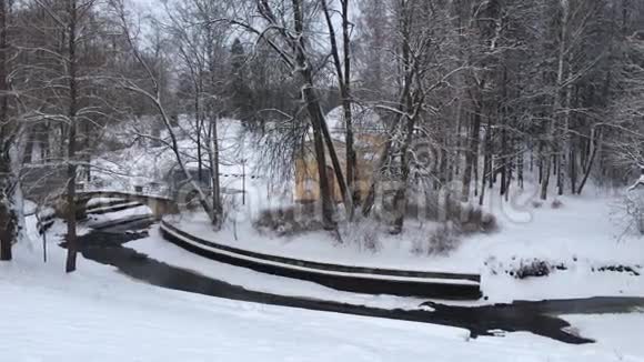 小溪在白雪覆盖的大自然中潺潺流淌视频的预览图