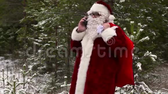 圣诞老人带着礼品袋在雪地森林的智能手机上聊天视频的预览图