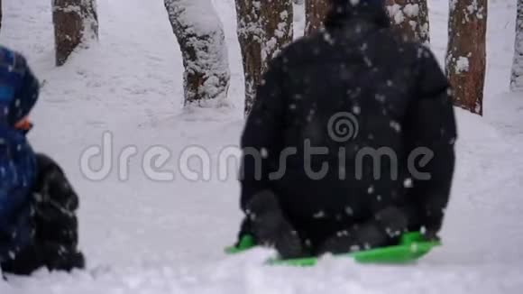 在松林的雪山上孩子们滑下慢动作视频的预览图