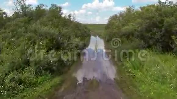 照相机飞过一个大水坑的灌木丛视频的预览图