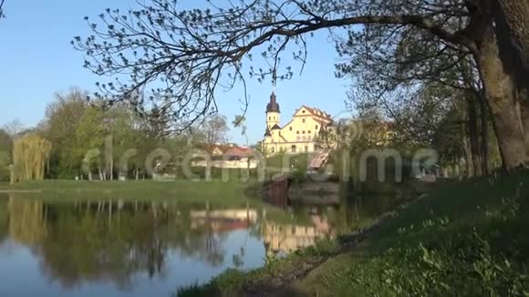 阳光明媚的五月早晨在老内斯维日城堡白俄罗斯视频的预览图