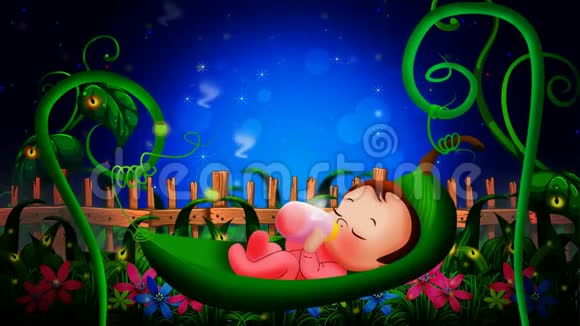 可爱的婴儿卡通睡在树叶摇篮最好的循环视频背景视频的预览图