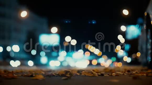 城市灯光和汽车在交通背景下行驶秋天的树叶从路过的汽车上随风飘散在夜路上视频的预览图
