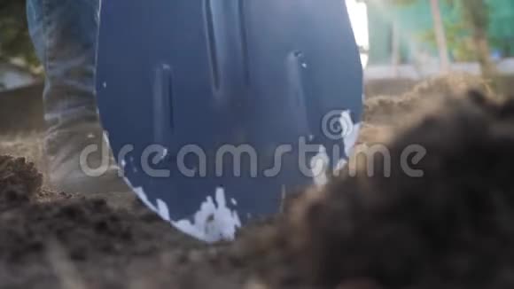 农夫用铲子挖地用花园铁锹特写慢动作视频农夫在花园里干活视频的预览图
