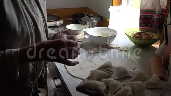 高级妇女手在农村厨房里准备饺子和豆腐4K视频的预览图