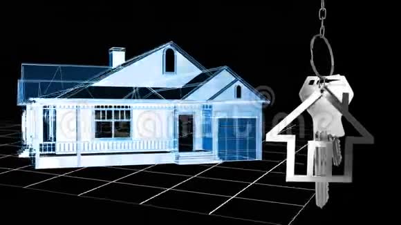 房子钥匙和钥匙挂在3d房子模型黑色背景视频的预览图