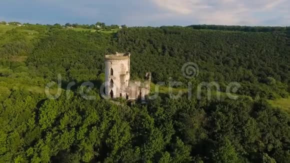 鸟瞰老城堡两座塔楼和周围的森林视频的预览图