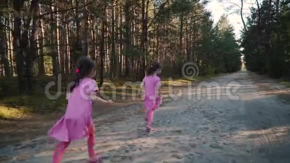 两个小女孩正在夏天的森林里奔跑视频的预览图
