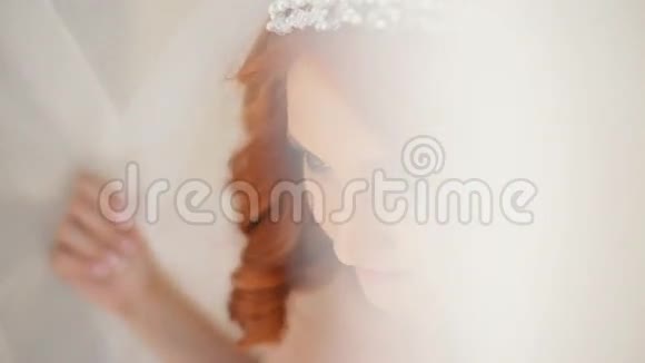 新娘面纱下美丽的年轻新娘的肖像视频的预览图